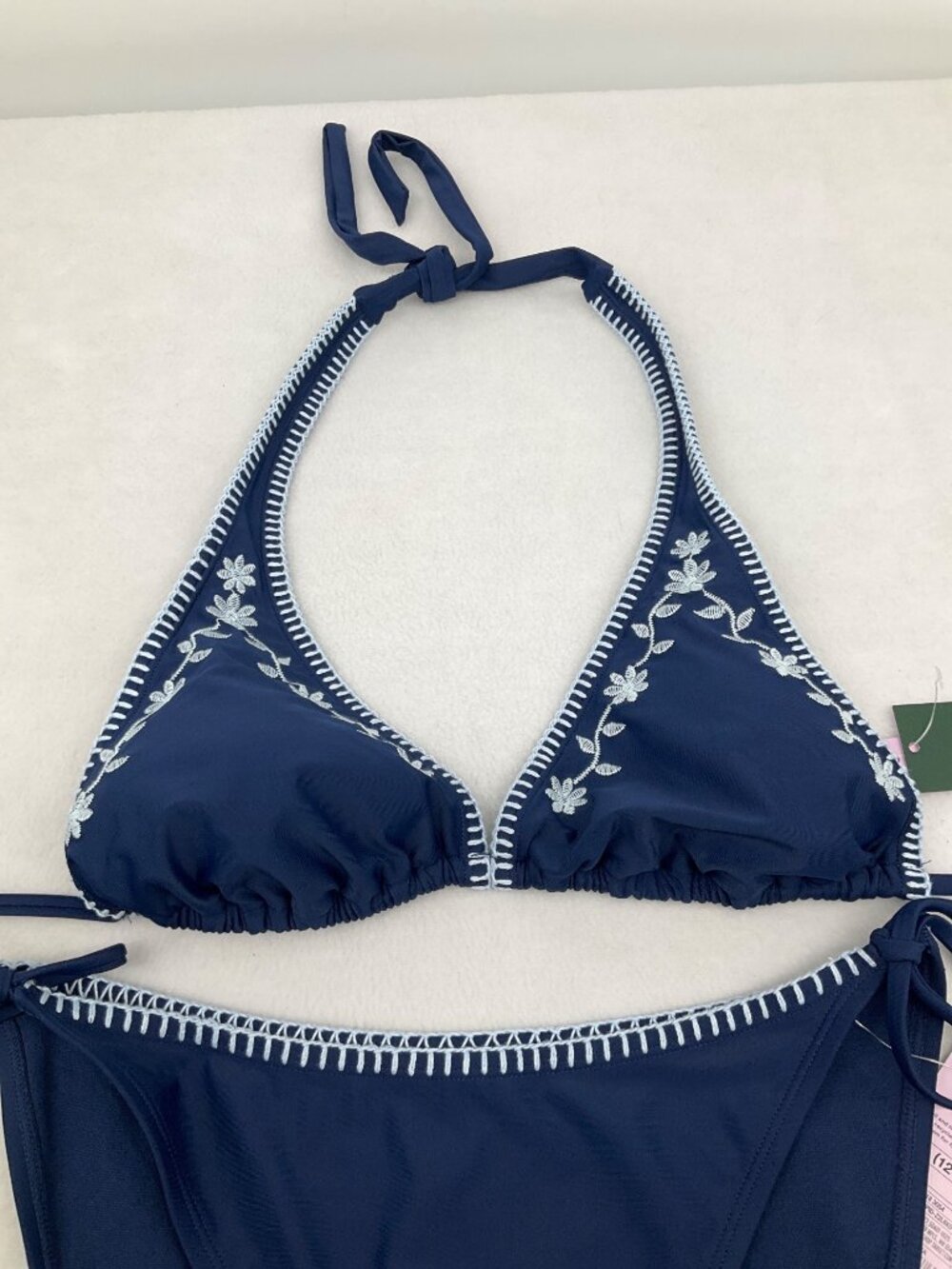 Wild Fable L (12-14) Navy Blue Bikini Set With Embroidered Floral Design Halter - Picture 3 of 7